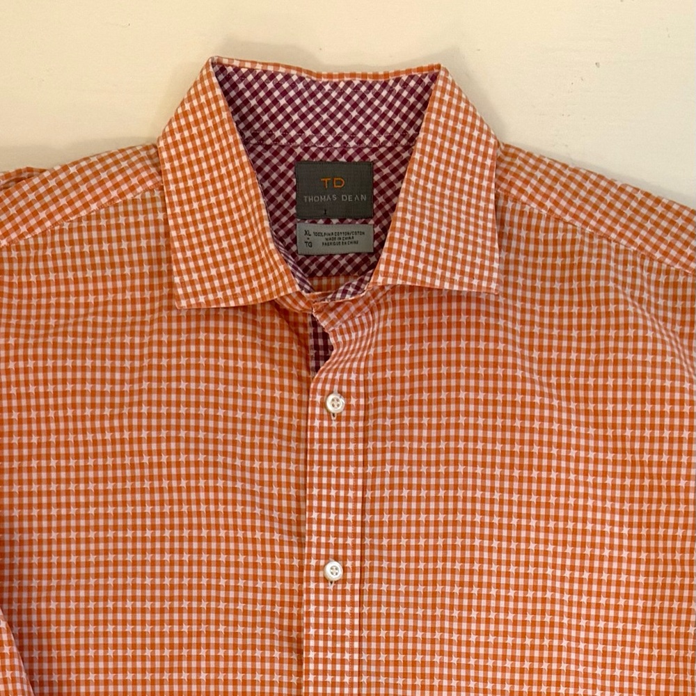Thomas Dean Orange Gingham Men's Shirt
